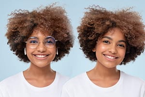 A picture of a beautiful african girl wearing glasses and another wearing no glasses